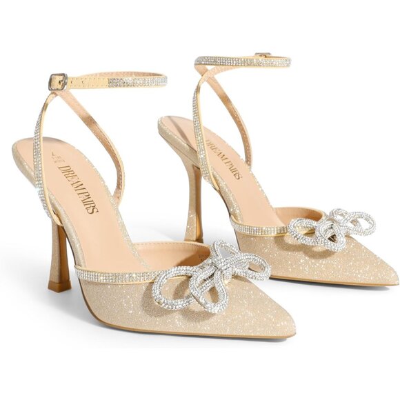 🆕 Women Gold Ankle Strap Sparkly Bow Shine Star Wrap-Around High-Heel Pumps - Picture 8 of 8